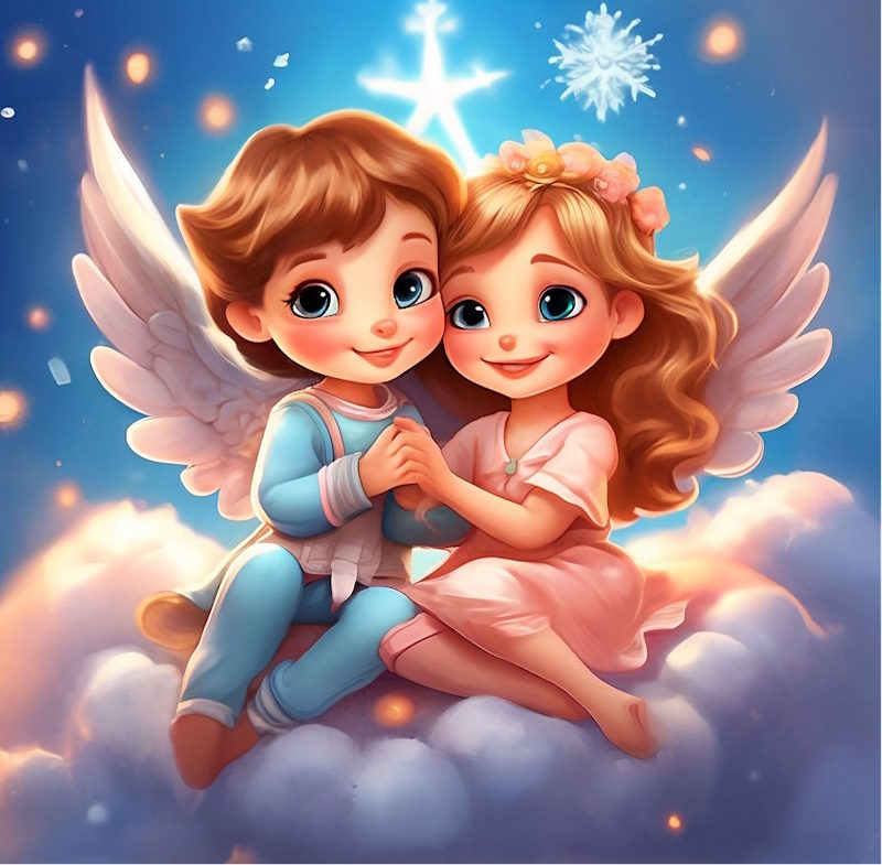 Два счастливых ангелочка держатся за руки